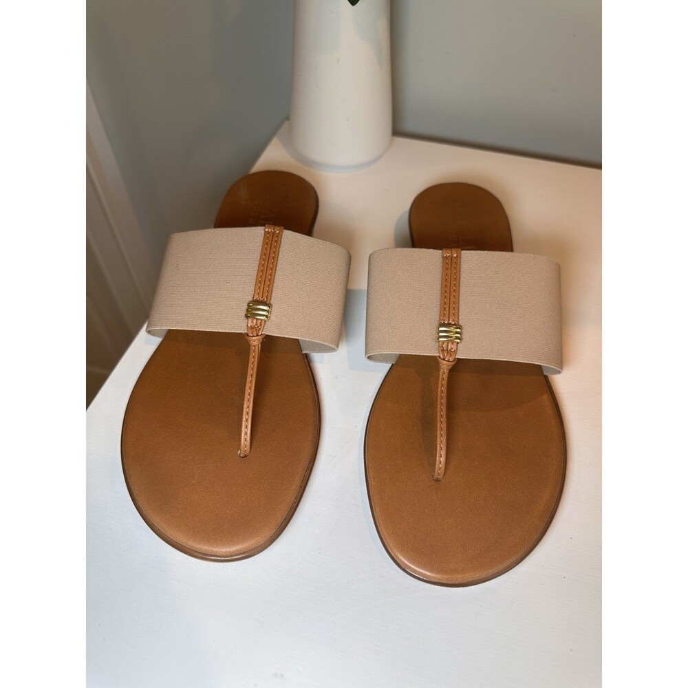 Italian Shoemakers Tan Beige Elastic Thong Flat Sandals Gold Accent Size 10